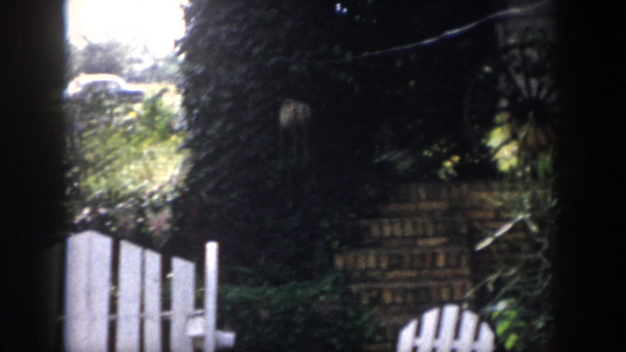 1958 Dayton, Ohio 8mm frame showing a sun-dappled backyard with ivy, shrubs, a white outdoor chair, and a dark wooden wheel form.