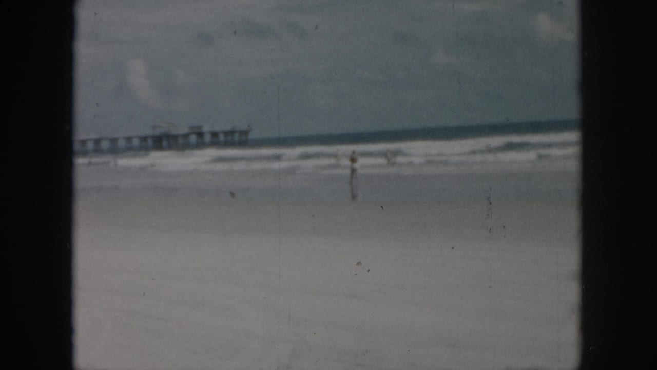 Beach shoreline with a pier in the distance and a person standing near the surf.