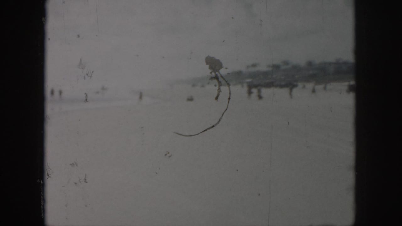 Foggy shoreline with distant walkers, pier-like structures, and visible film scratches.