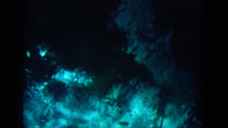 1958 8mm underwater vacation frame with dark blue-green water, glowing turquoise patches, and indistinct plant or rock forms.