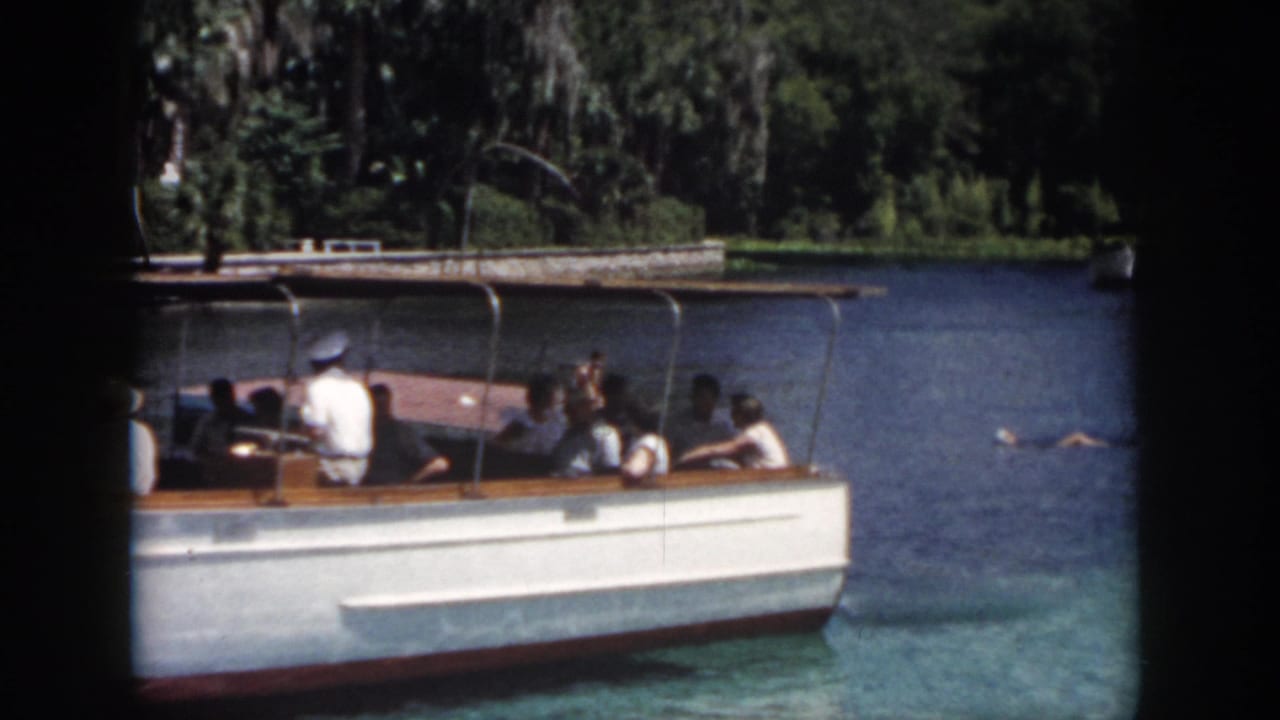 Tour boat passes swimmers in the water with passengers seated under a low canopy frame.