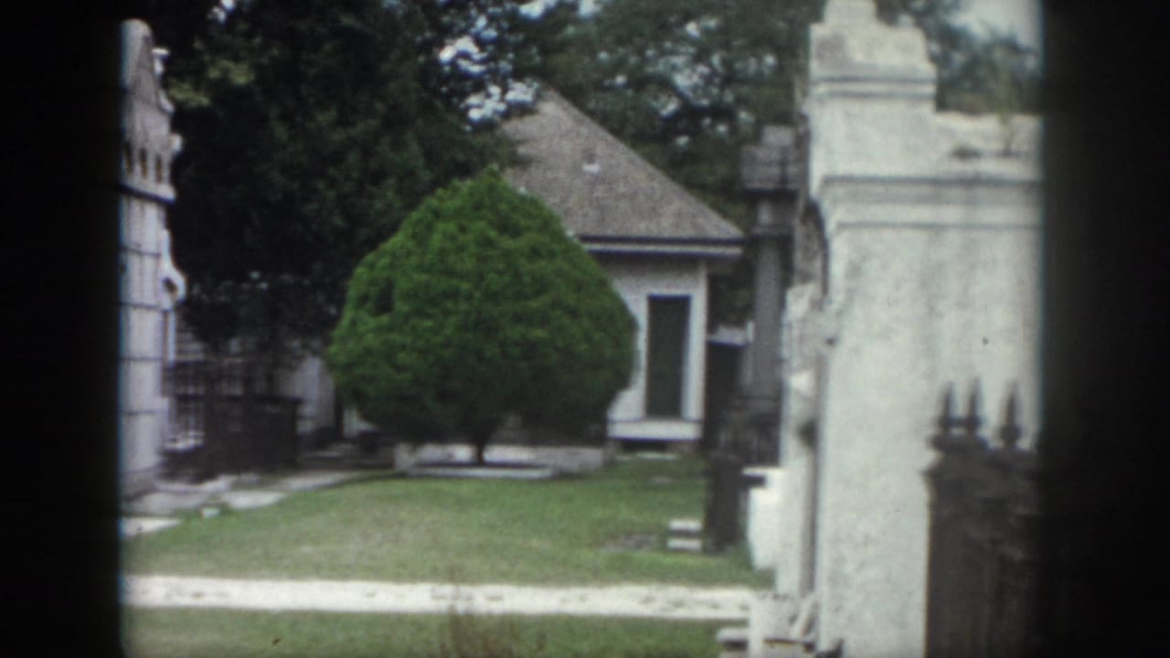 1958 New Orleans cemetery view with a clipped evergreen, white above-ground tomb, lawn, and stone gate structure.