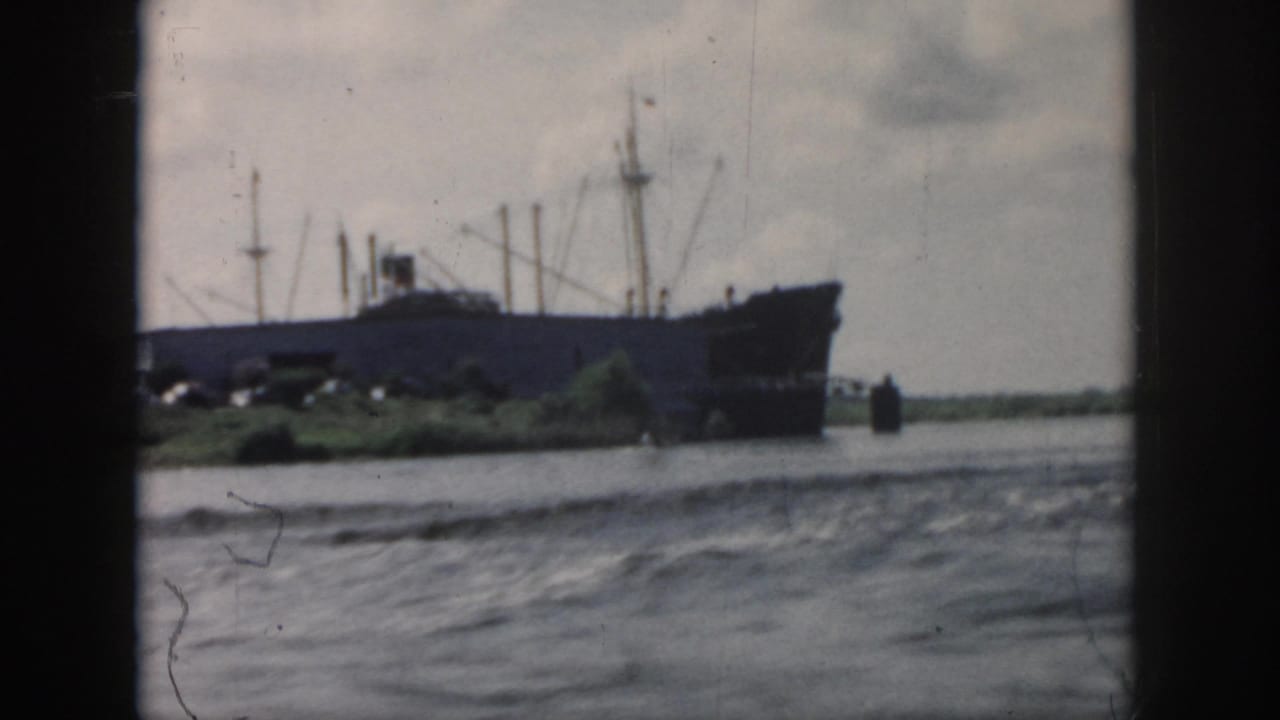 Large cargo ship beside a low green shoreline across rippled water.