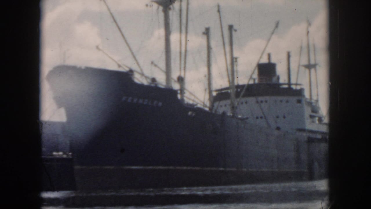 1958 New Orleans harbor view of a cargo ship with a dark hull, white superstructure, masts, and visible name lettering.