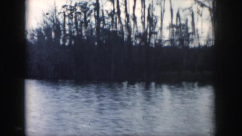 1958 home-movie frame of a waterway with a tree-lined bank, likely seen from a moving boat near New Orleans.