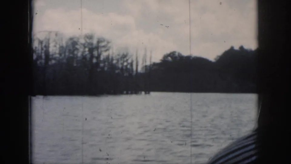 1958 New Orleans home-movie frame showing lake water, leafless trees, and a striped garment partly visible at the window edge.