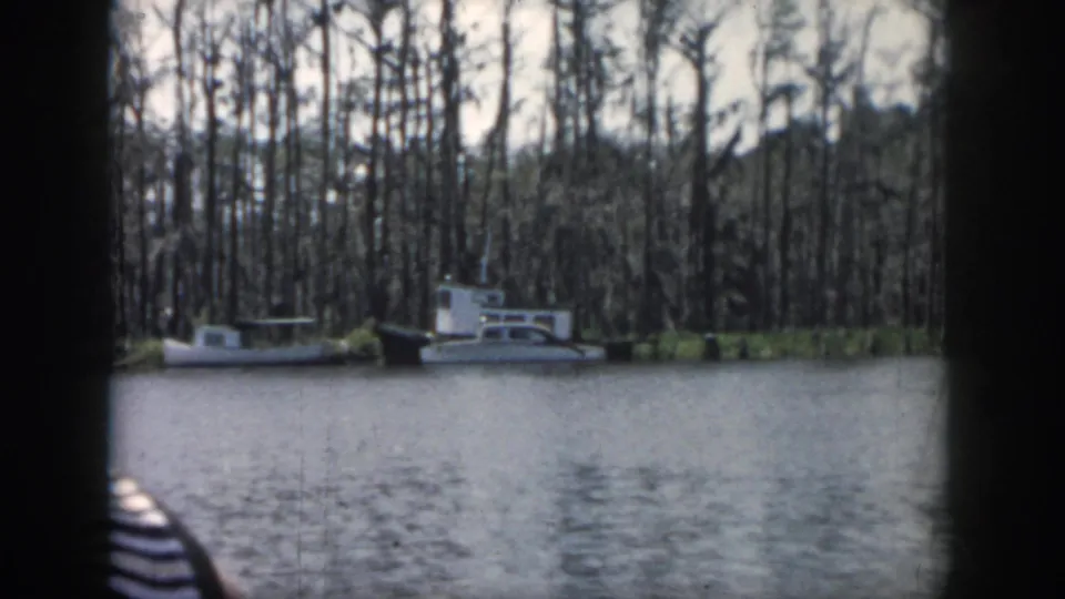 1958 Louisiana 8mm frame with cabin-style boats moored on calm water below a dense cypress and moss-lined bank.