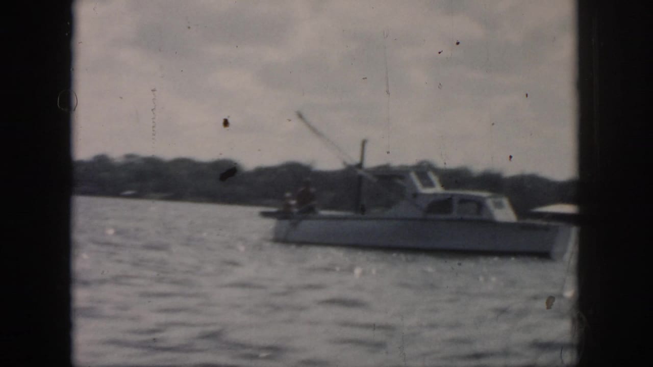 Small cabin boat on rippled water with a wooded shoreline behind it.