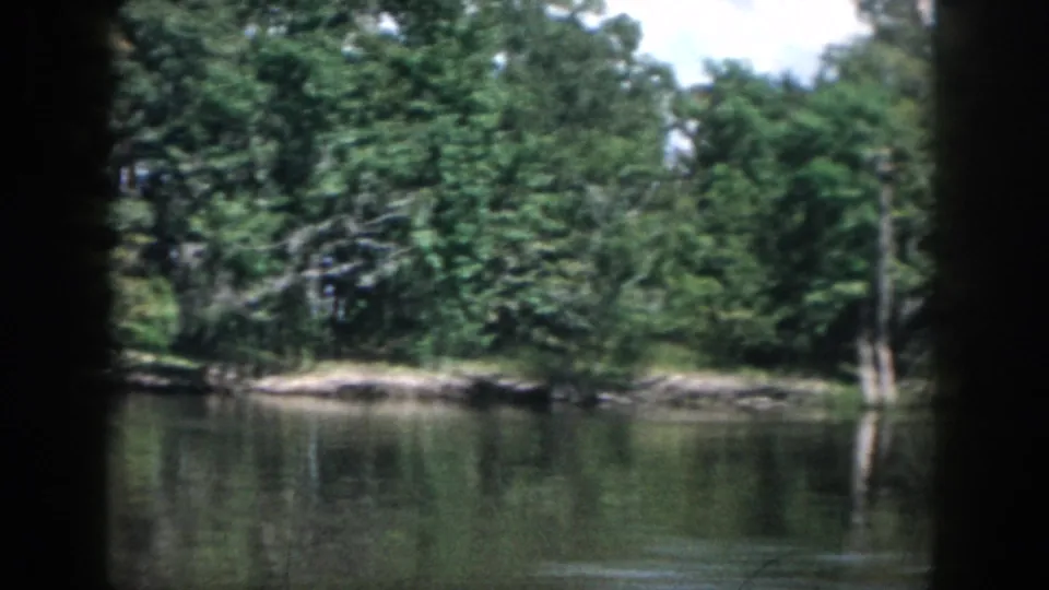1958 New Orleans-area home-movie frame of trees along a quiet lake, with reflected foliage and dark edge shadows.