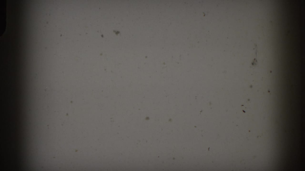 Opening frame shows pale exposed film area with visible dust, grain, and heavy dark masking before the parade view appears.