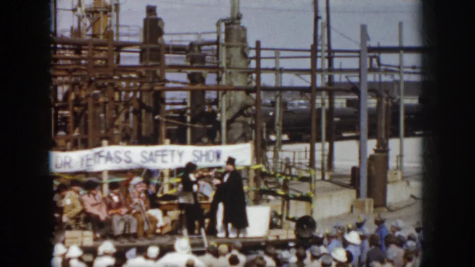 A 1958 Virginia plant safety presentation appears on a small outdoor stage with performers and a visible banner.