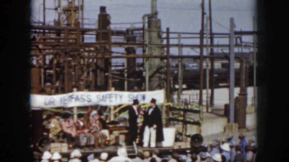 Virginia 1958 home-movie view of an outdoor industrial safety show with audience, performers, and plant equipment behind them.
