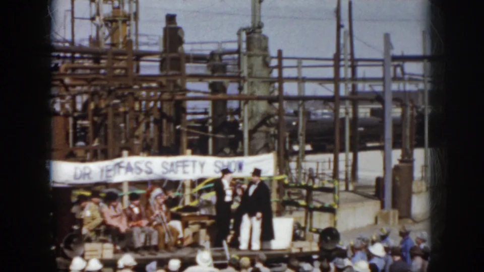 1958 Virginia home-movie frame showing a small outdoor safety-show stage, performers in formal costumes, an audience, and industrial pipework behind them.