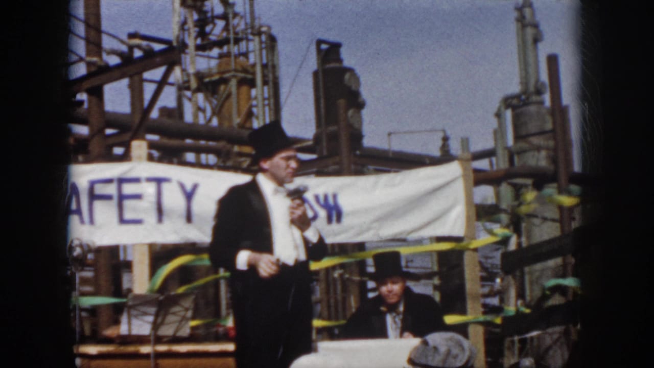 1958 Virginia frame showing a tuxedoed speaker in a top hat addressing an audience with factory structures and a SAFETY SHOW banner behind him.