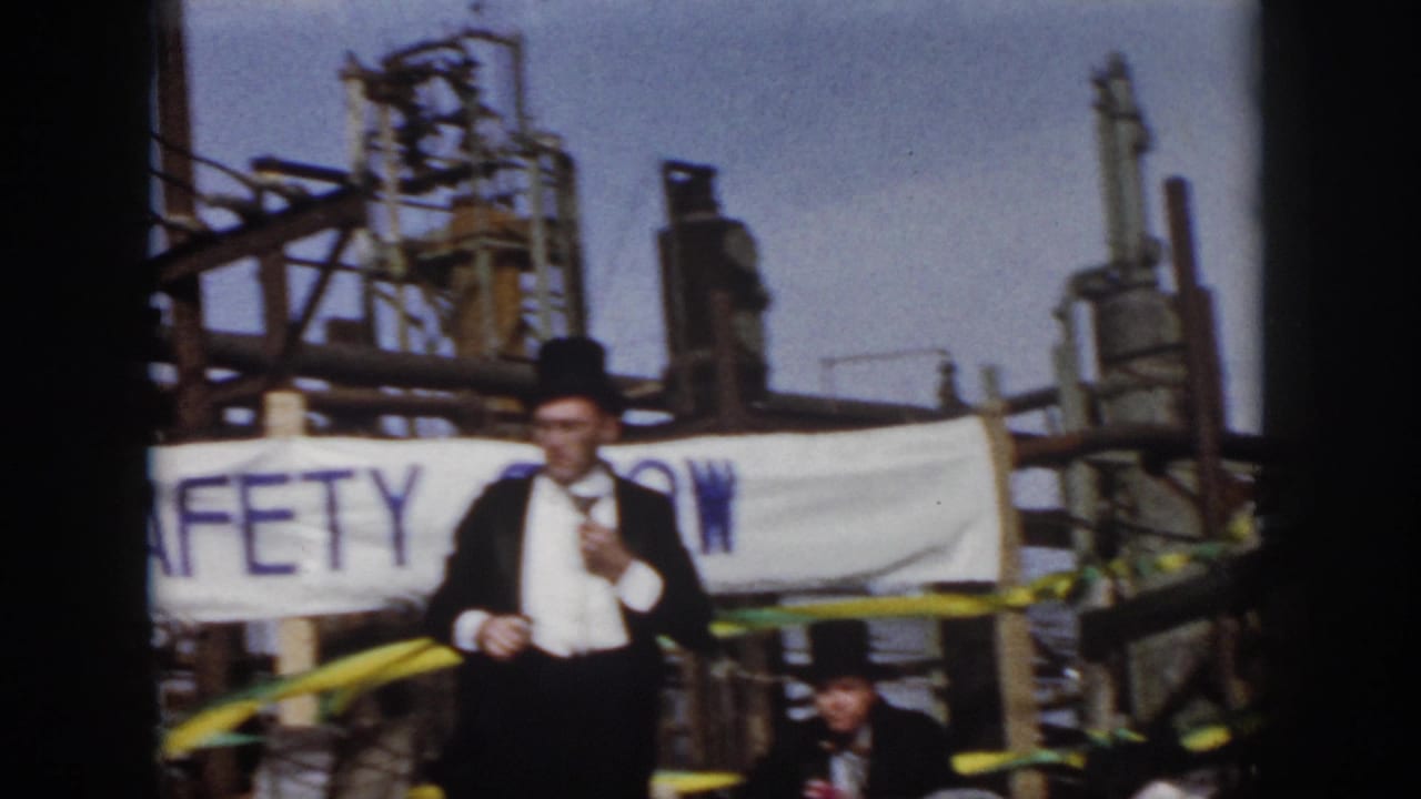 1958 Virginia home-movie frame showing a tuxedoed host by a SAFETY SHOW banner with industrial equipment behind him.