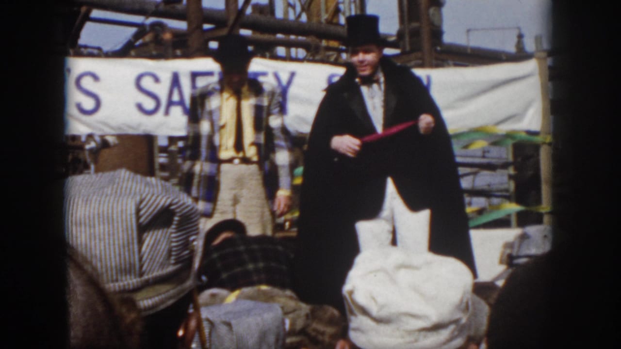 1958 Virginia home-movie frame showing a magician on an outdoor stage with an assistant, seated spectators, and a visible safety banner behind them.