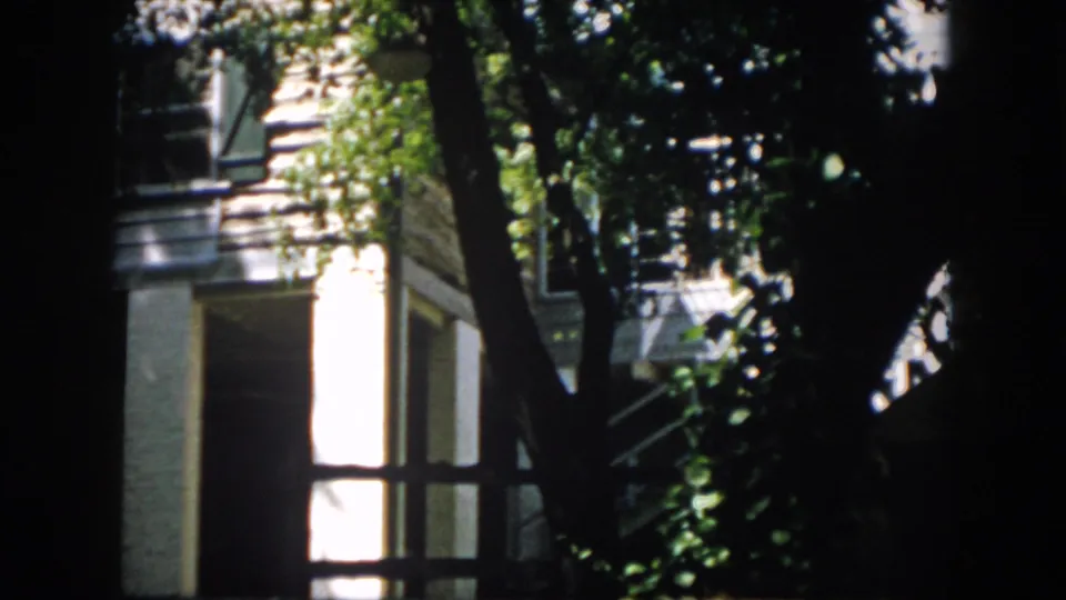 1958 Virginia 8mm frame showing a white building glimpsed through dense trees and high-contrast foliage.