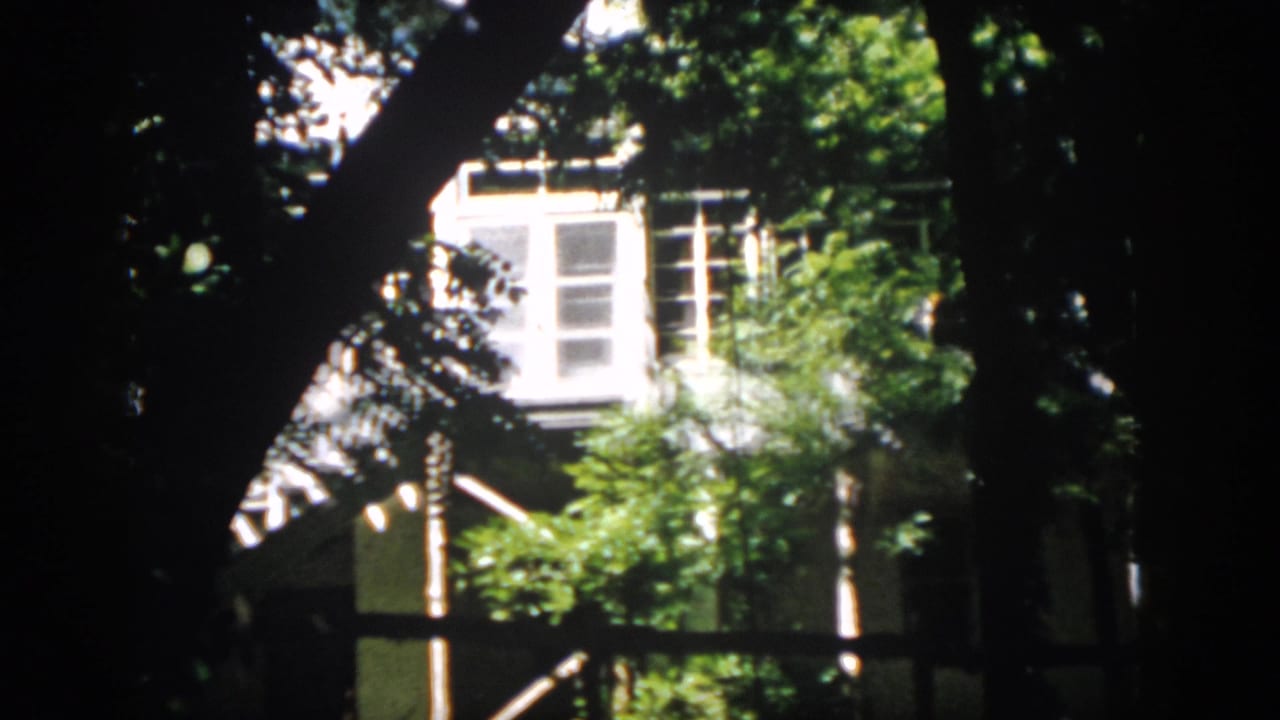 The frame shows multi-pane windows, bright siding, and leafy branches in a handheld 1958 Virginia exterior view.