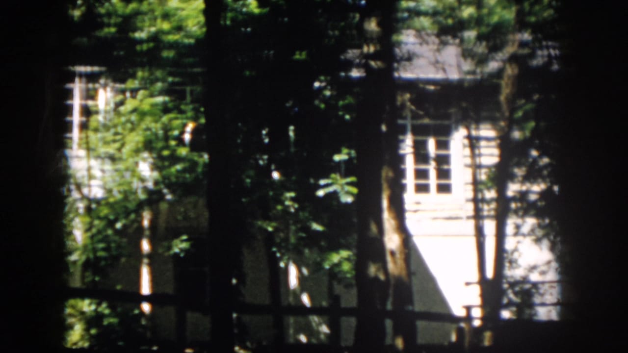 1958 Virginia 8mm frame showing a white residential exterior glimpsed through dense trees and shade.