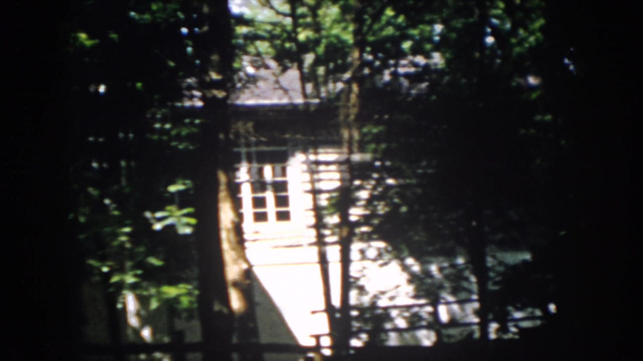 White house windows and siding are partially obscured by wooded shade in this 1958 Virginia home-movie frame.