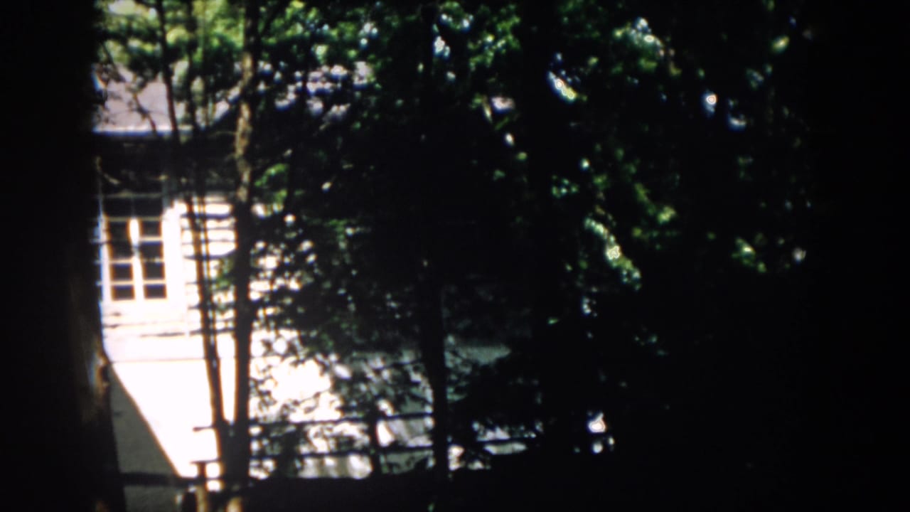 The camera view shifts lower, holding on the white residential facade behind trees in Virginia home-movie footage from 1958.
