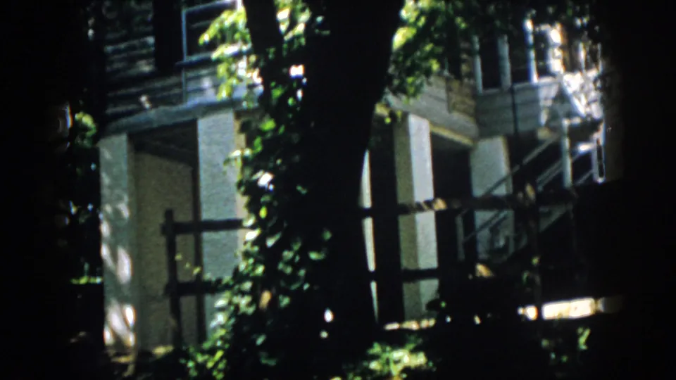 1958 Virginia 8mm frame of a residential exterior seen through leafy trees and high-contrast sunlight.