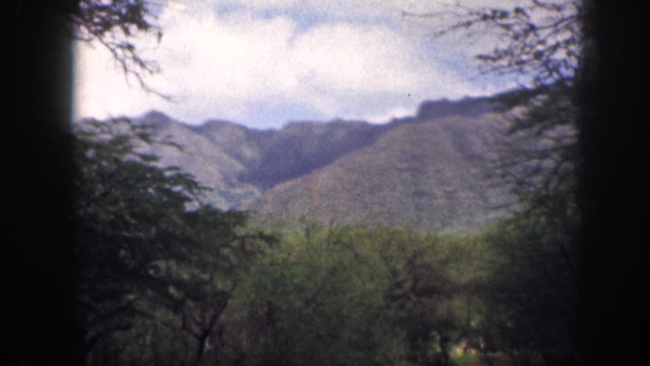 Green mountains and trees under a cloudy sky, framed by dark film edges.