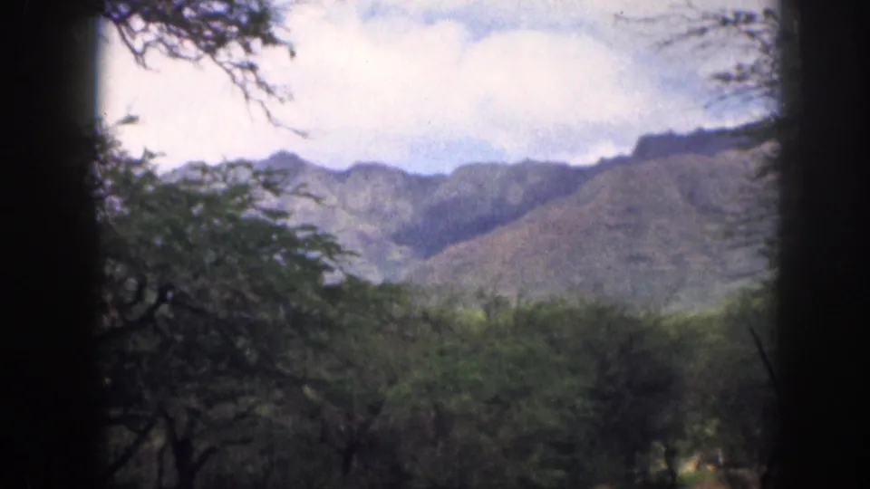 1959 Hawaii 8mm frame of a green mountain ridgeline partly obscured by trees and film-edge shadows.