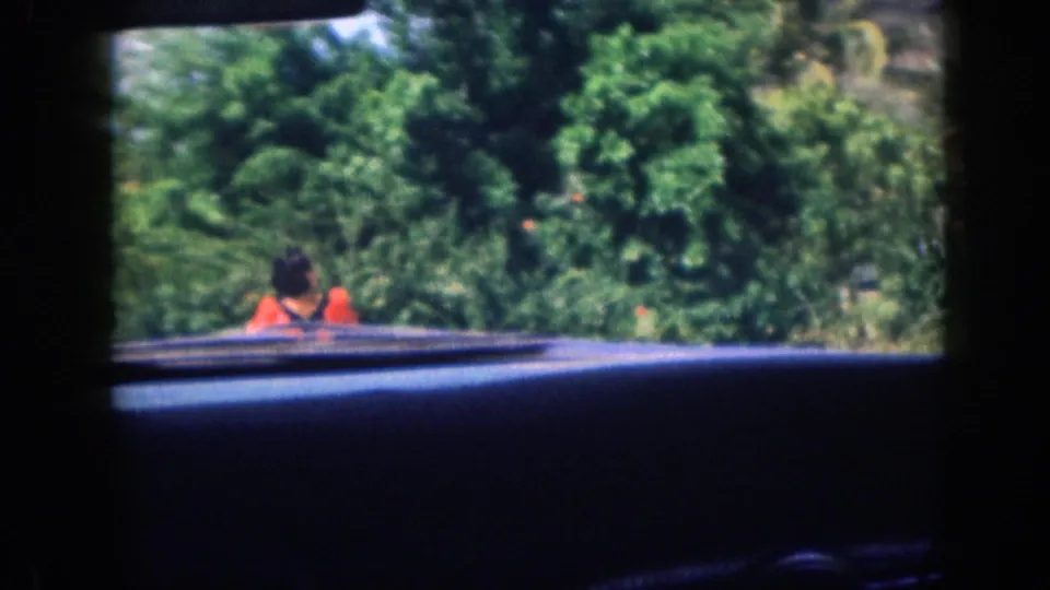 1959 Hawaii car-view frame showing a person in a bright red shirt ahead of dense tropical greenery.