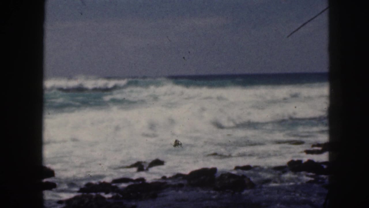 White surf rolls toward dark shoreline rocks under a muted sky.