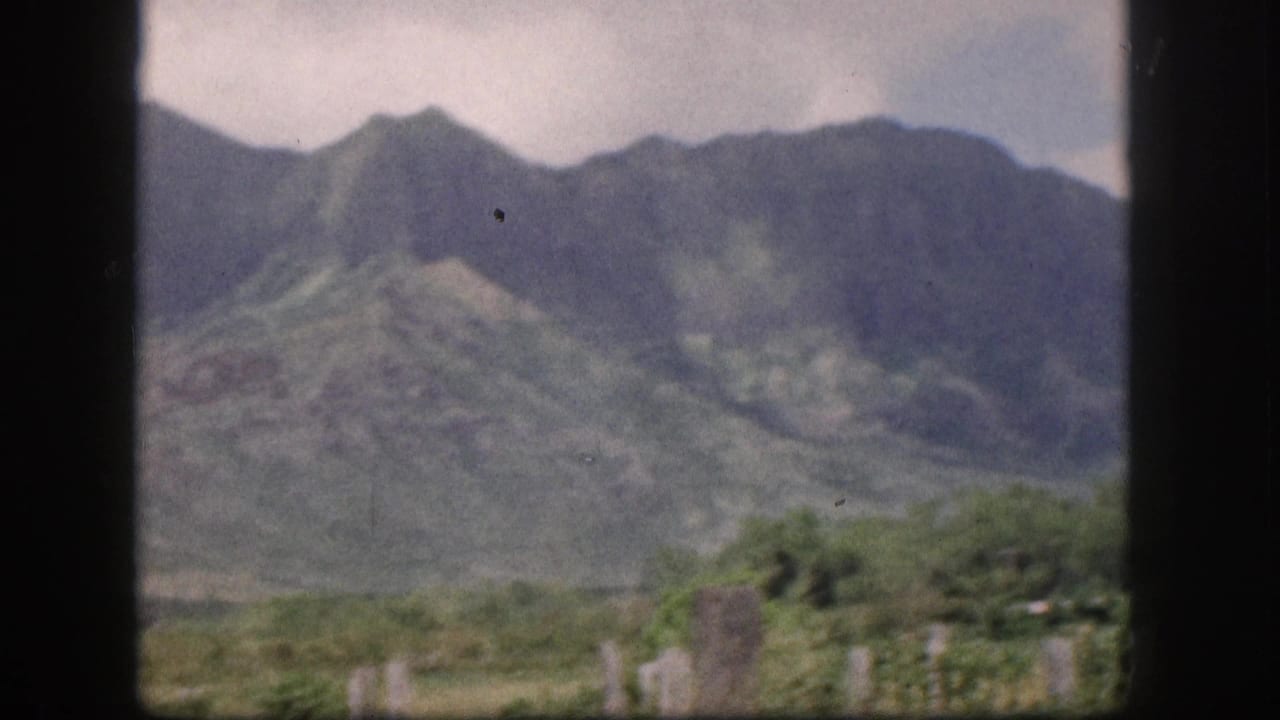 Grey-green mountains rise beyond brush and fence posts, seen through dark vertical frame bars.