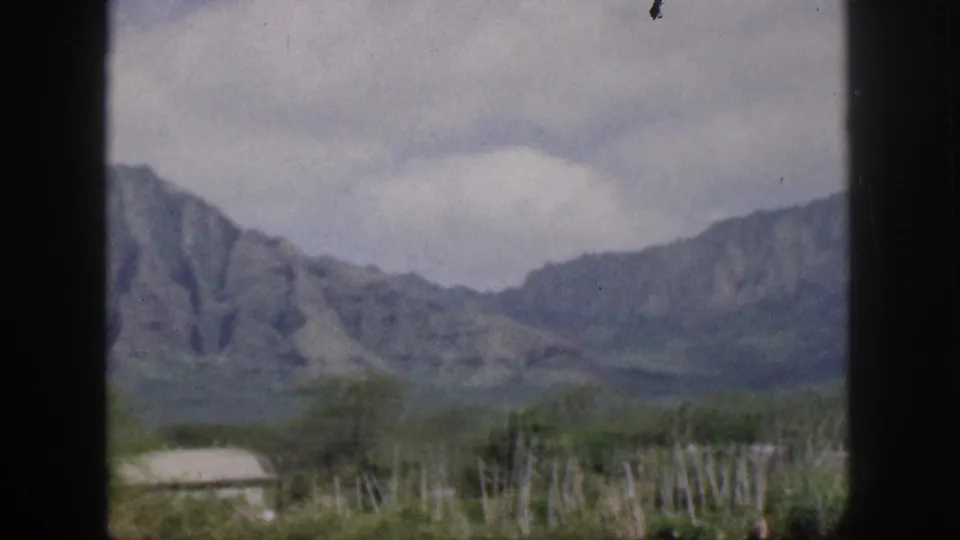 A soft 8mm view shows a grassy field and distant mountains in Hawaii beneath a cloudy sky.