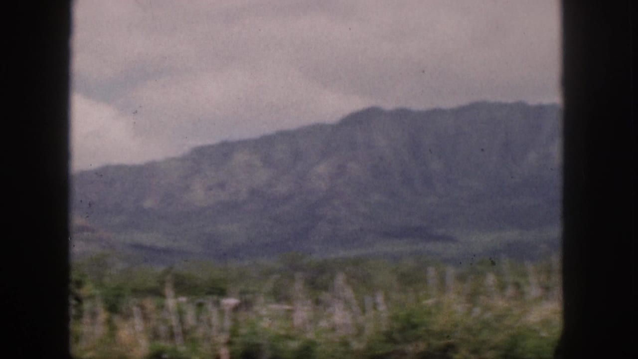 Distant mountain slope under cloudy sky, divided by dark vertical window bars.