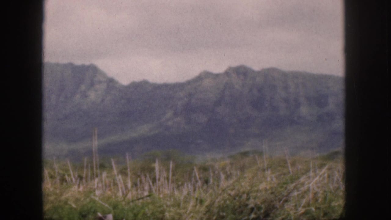 1959 Hawaii 8mm frame showing a green mountain ridge beyond grass and dry stalks, viewed through dark vertical borders.