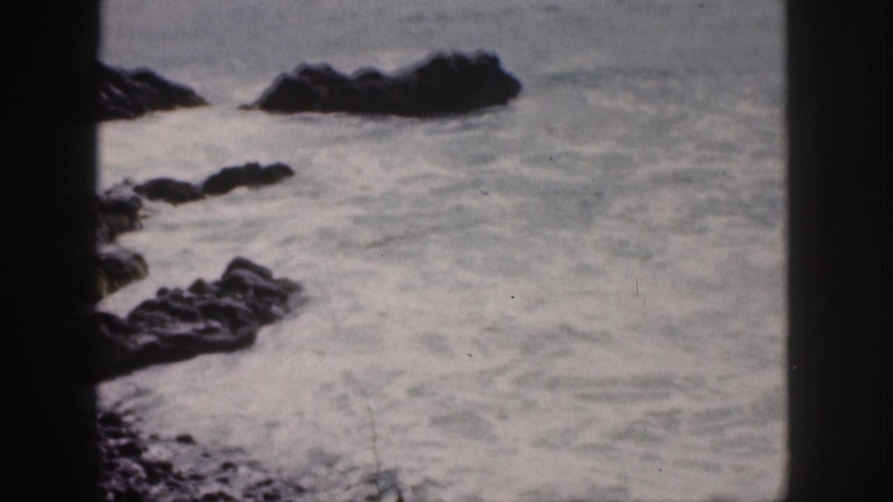Turbulent surf and dark offshore rocks seen through black vertical frame edges.