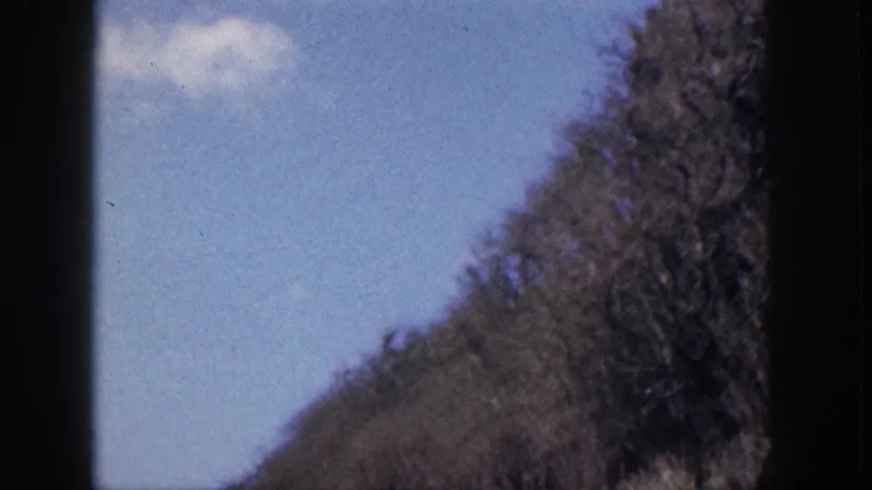 1959 Hawaii 8mm frame showing the edge of a brushy mountain slope against blue sky and a small cloud.