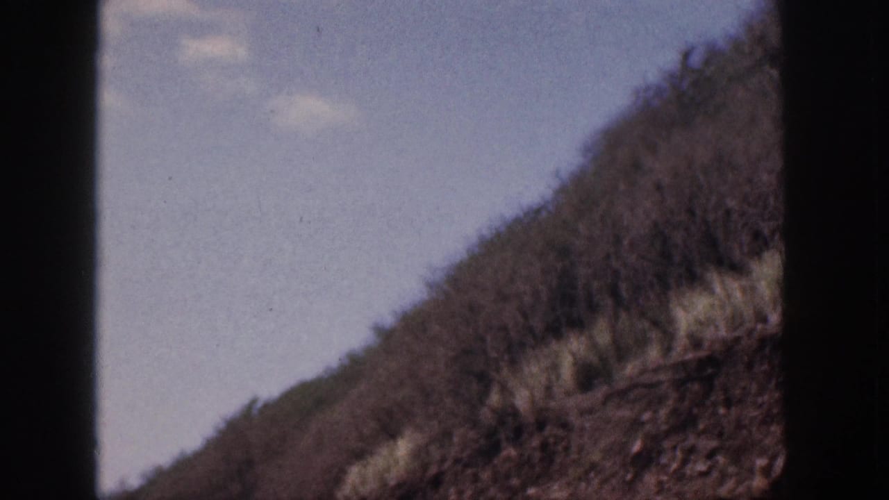 1959 Hawaii 8mm frame of a rugged roadside slope, with scrub vegetation and a pale sky visible through film-edge shadows.