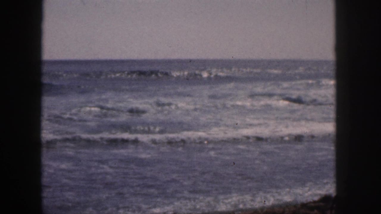 Blue-gray ocean waves under a muted sky, framed by dark vertical foreground edges.
