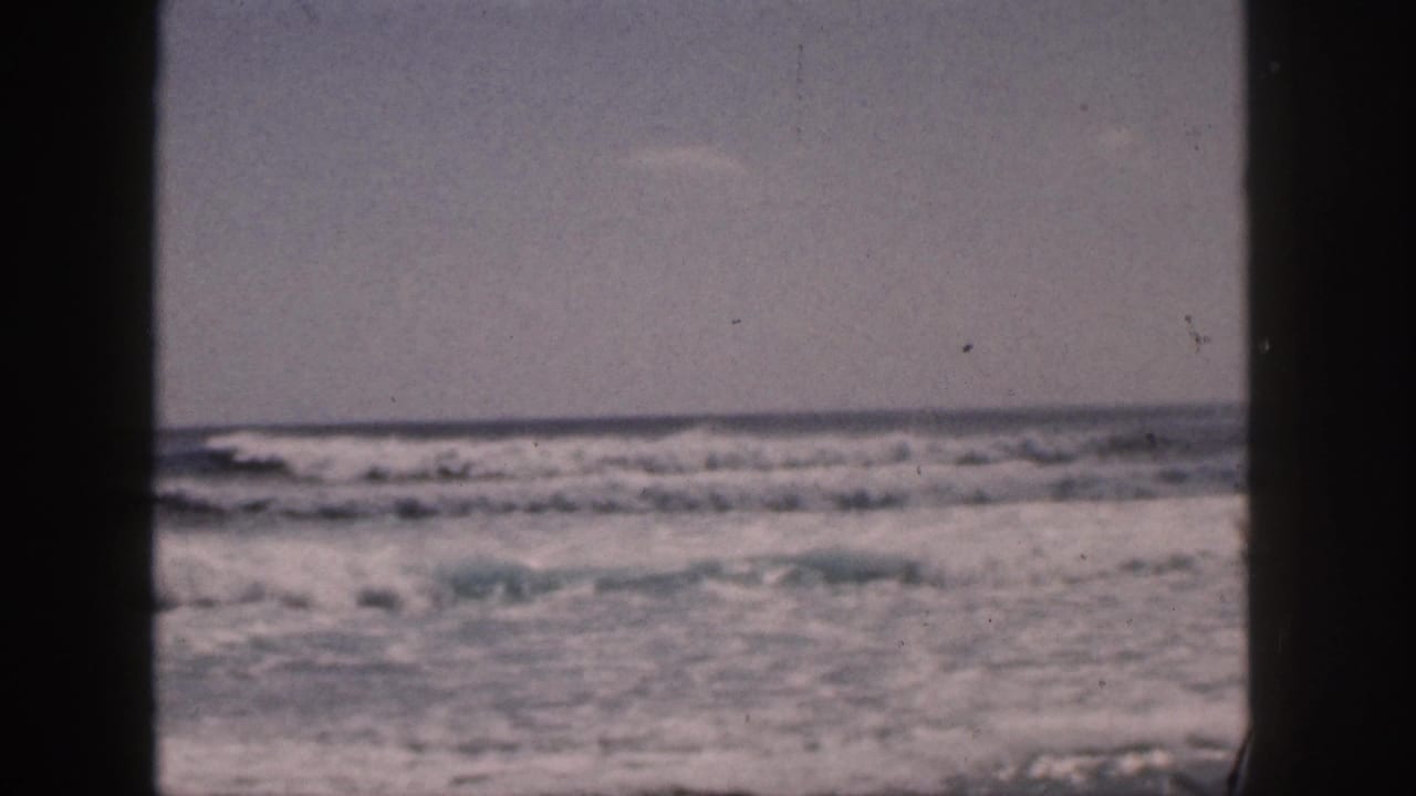 Ocean waves rolling under a pale sky, framed by dark vertical edges.