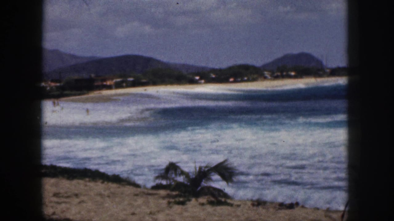 Blue surf curves toward a sandy beach below mountains and scattered shoreline buildings.
