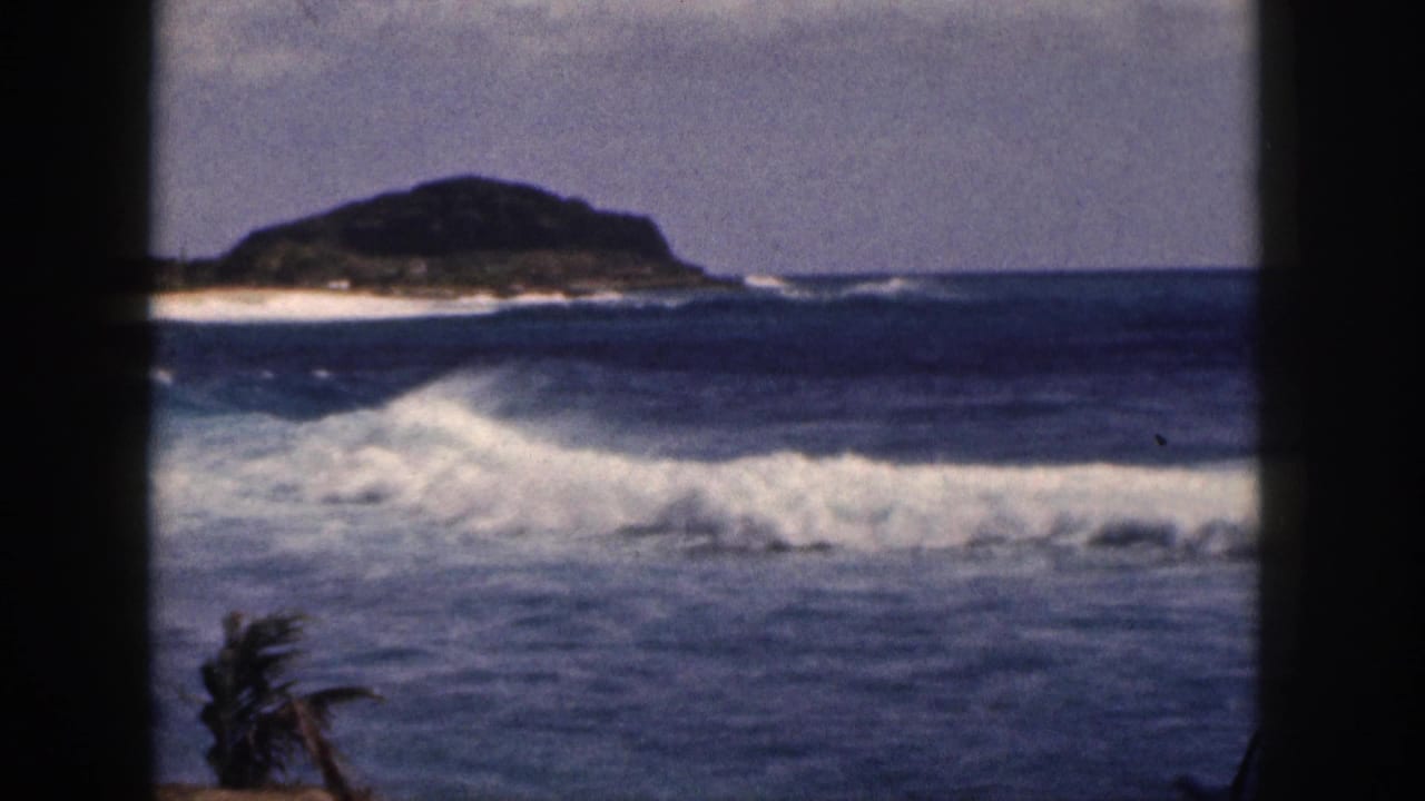 1959 Hawaii home-movie frame of white surf crossing blue ocean water, a distant sandy strip, a low green hill or headland, palm fronds, and dark window-like borders.