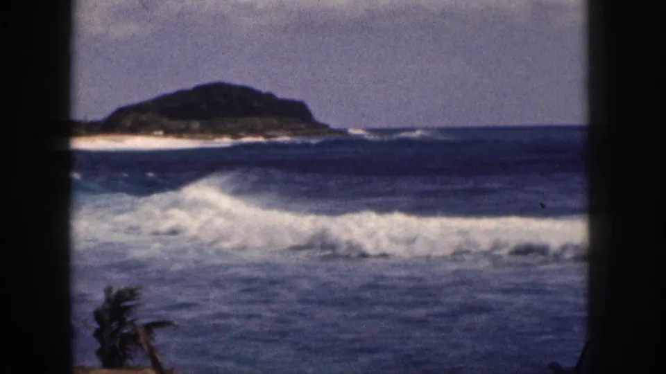 1959 Hawaii home-movie frame of white surf crossing blue ocean water, a distant sandy strip, a low green hill or headland, palm fronds, and dark window-like borders.