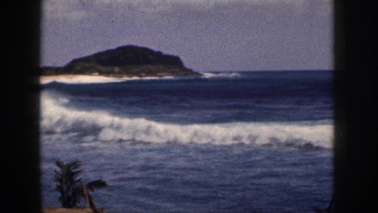 1959 Hawaii 8mm frame showing blue surf rolling toward shore with a dark island or headland in the distance and palm fronds in the foreground.