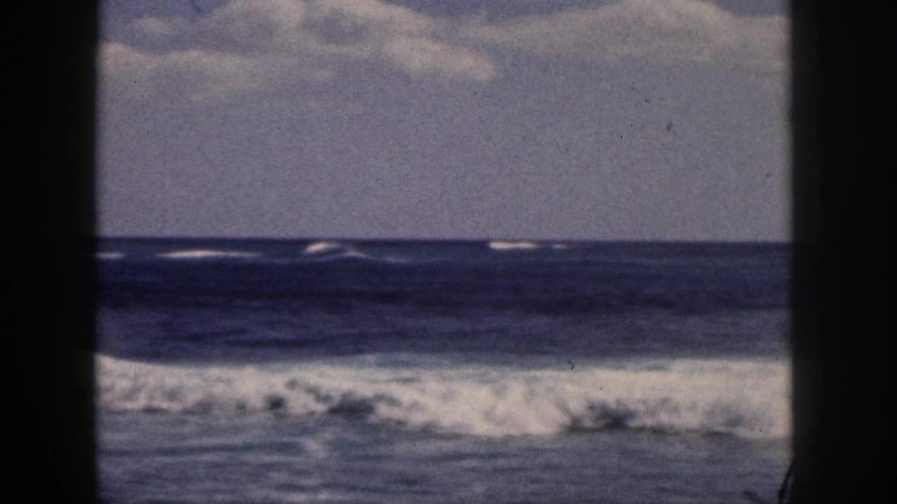 Ocean waves seen through dark vertical window framing under a cloudy sky.