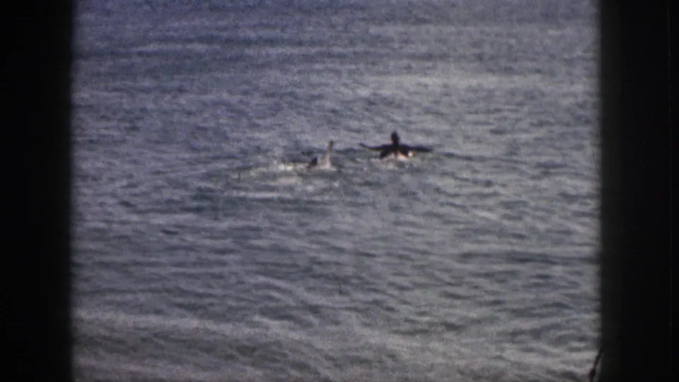 Two people swim near shore in Hawaii, shown at a distance in grainy 1959 home-movie footage.