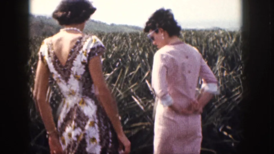 Two women in period dresses stand beside tall crop plants in Hawaii, possibly a pineapple field, in 1959 home-movie footage.