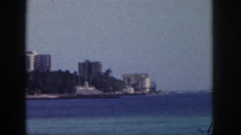 Hawaii coastline in 1959 with ocean foreground, distant buildings, palms, and a vertical dark window divider.