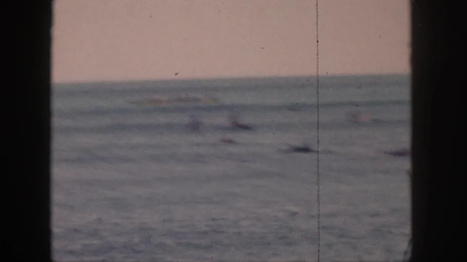 Faded 8mm frame from Hawaii in 1959 showing small distant figures in the ocean near low waves, bordered by dark foreground framing.