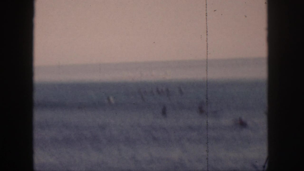 Surfers and swimmers appear as small figures beyond dark foreground framing.