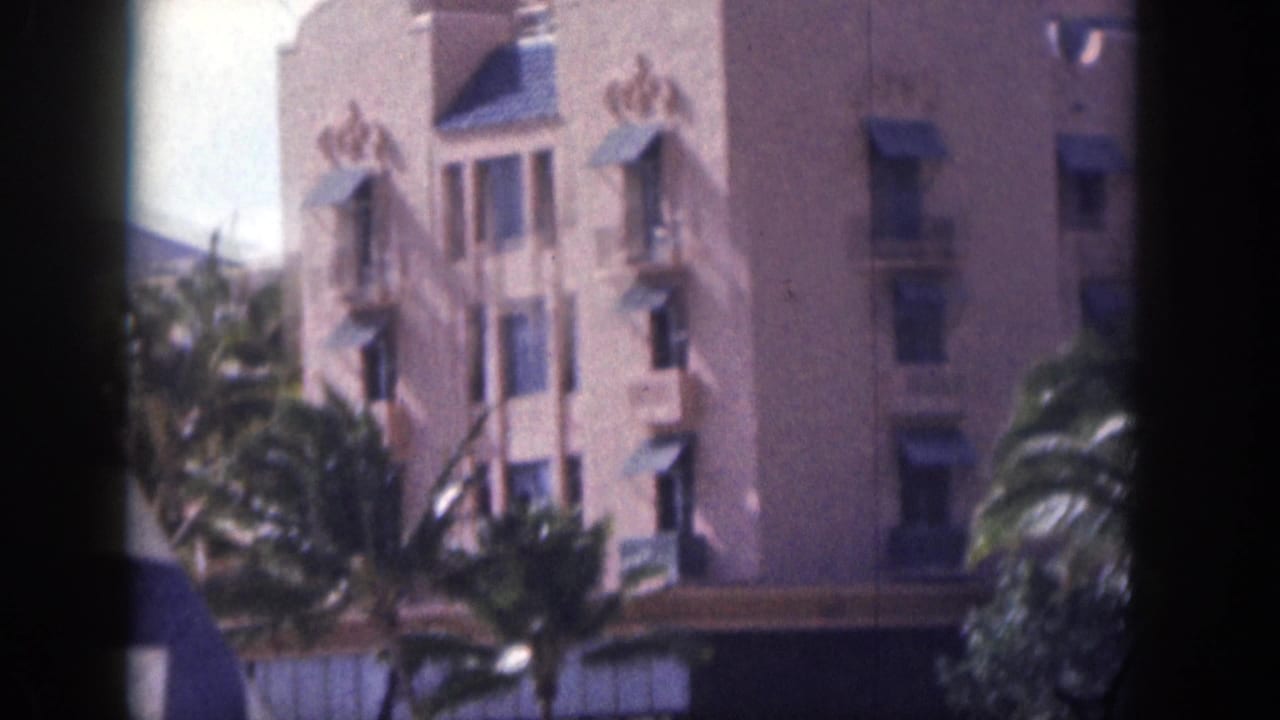 Closer view of the pink building facade with palm fronds and dark film borders.